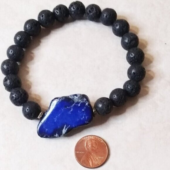 Blue Sea Sediment Jasper + Lava Beads Bracelet - Large Men's Bracelet 8.5" Wrist - Picture 4 of 11